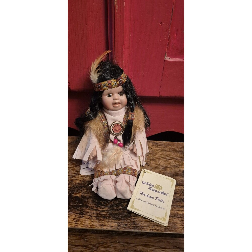 NWT Golden Keepsakes Heirloom Porcelain Doll Native American Style Vintage 8.5"